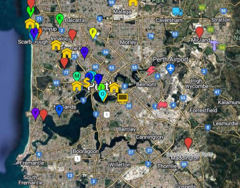 Free listings on the Google map of real estate agents in Perth.